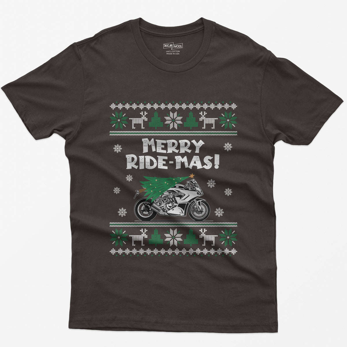 Merry Ride-mas Sportbike Christmas T-Shirt - Dark Chocolate