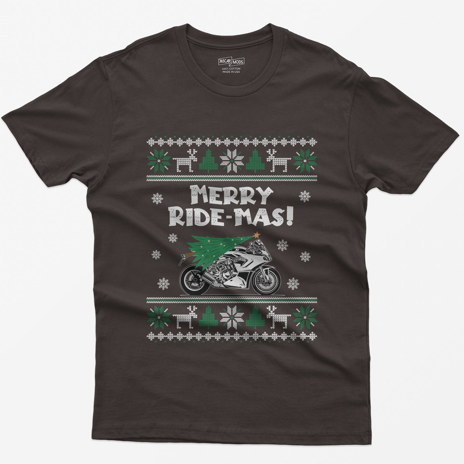 Merry Ride-mas Sportbike Christmas T-Shirt - Dark Chocolate