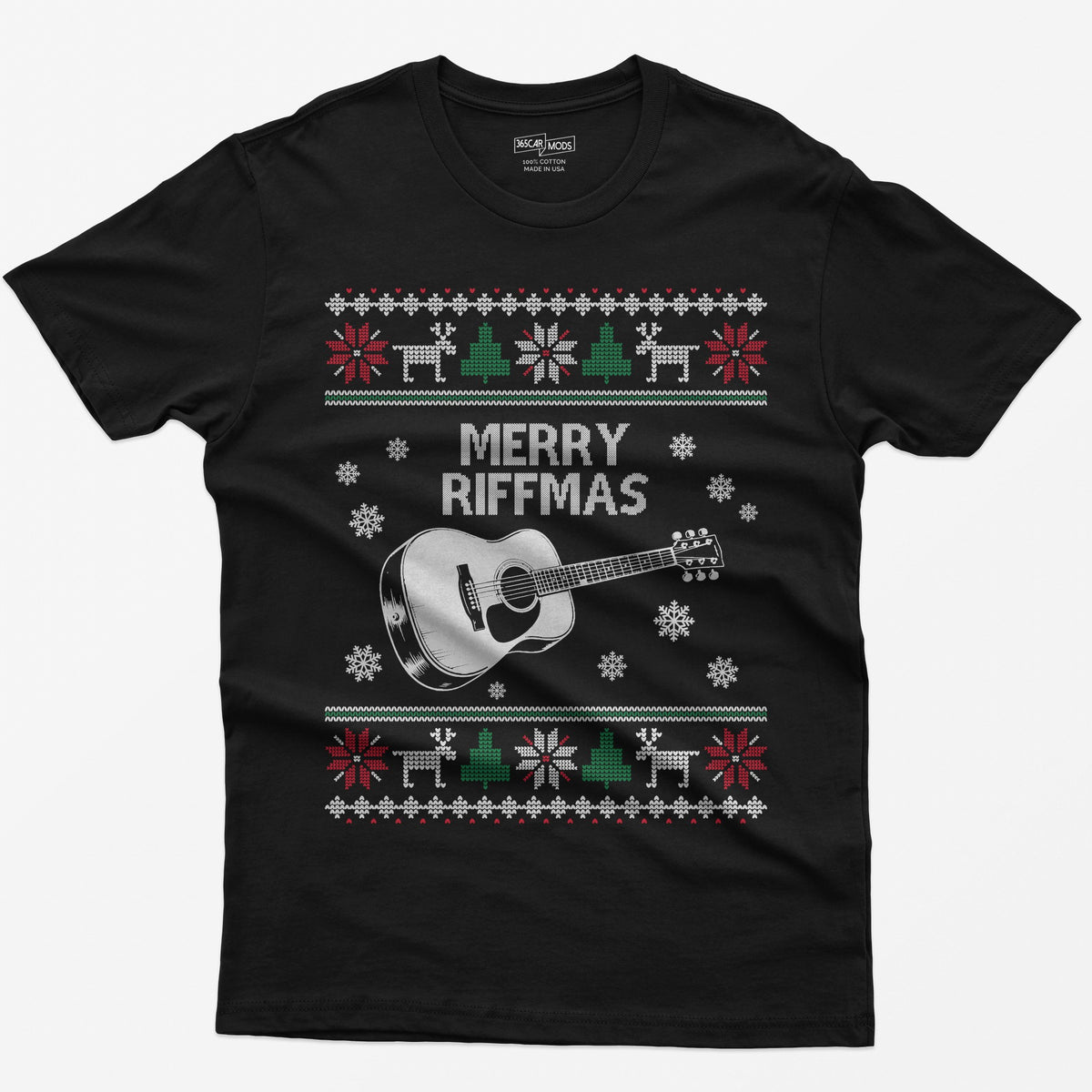 Merry Riffmas T-Shirt | Custom Guitar Christmas Tee for Guitarists with acoustic guitar and festive knit pattern design