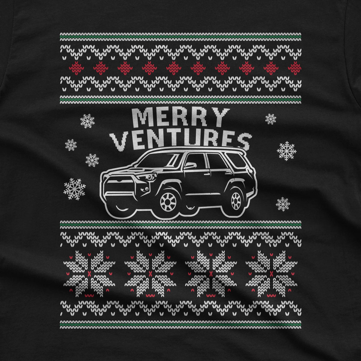 Merry Ventures Off-Road SUV Christmas T-Shirt design close-up
