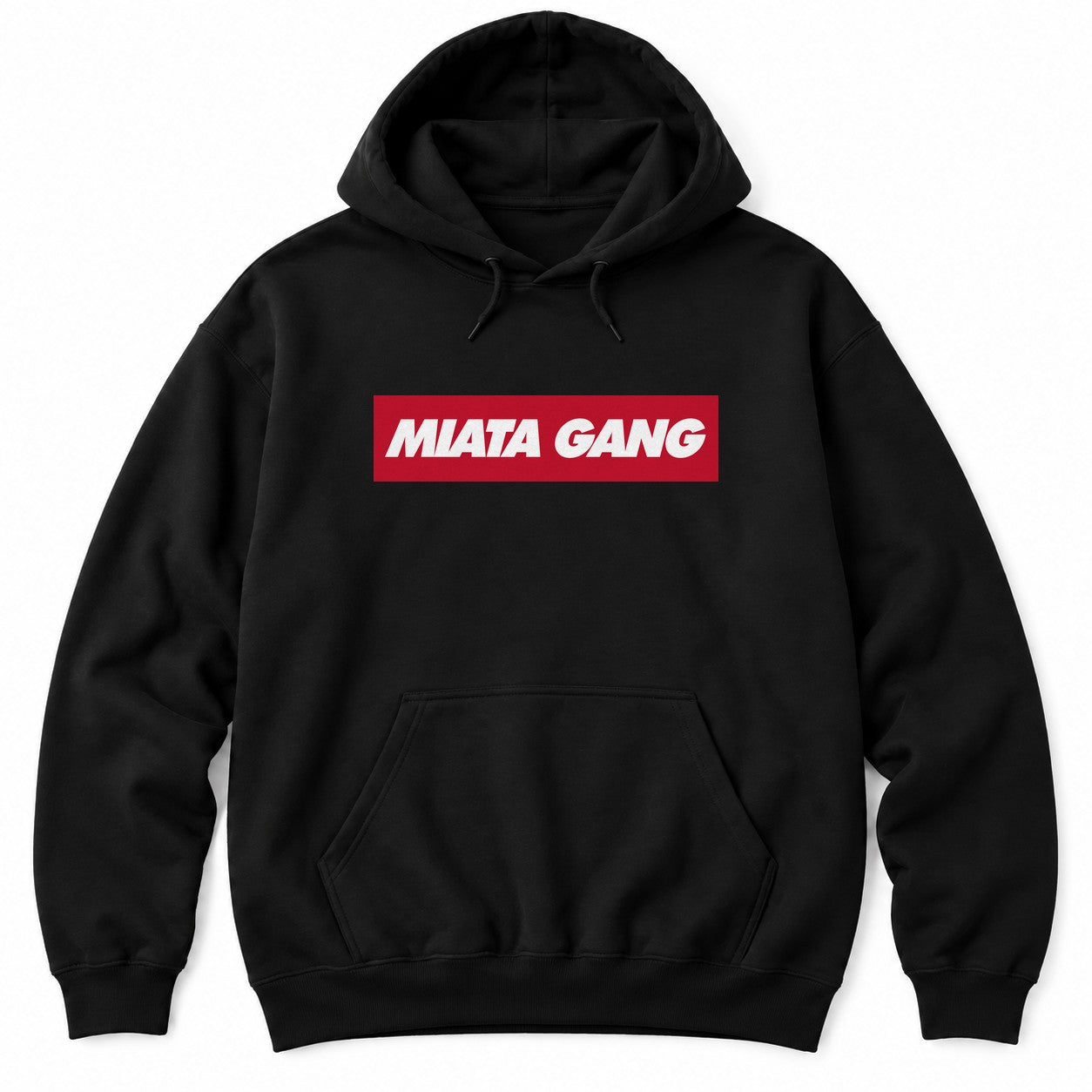 Black hoodie with a red box logo and bold white italic lettering for a JDM roadster gang