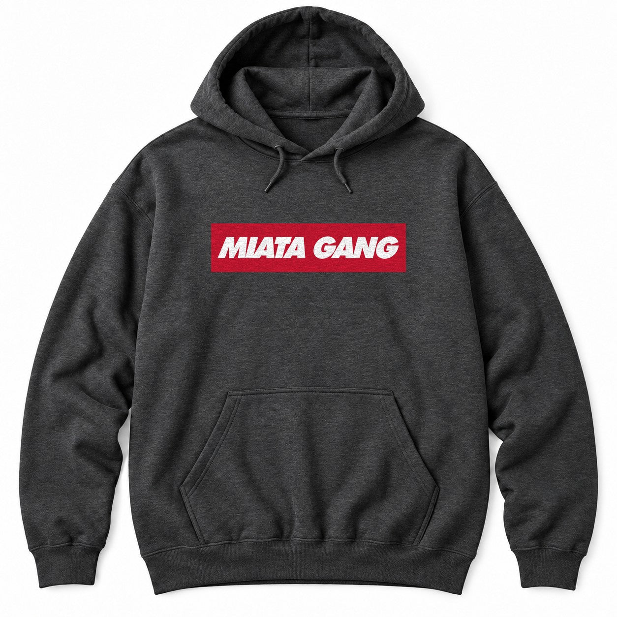 Dark Heather hoodie with a red box logo and bold white italic lettering for a JDM roadster gang