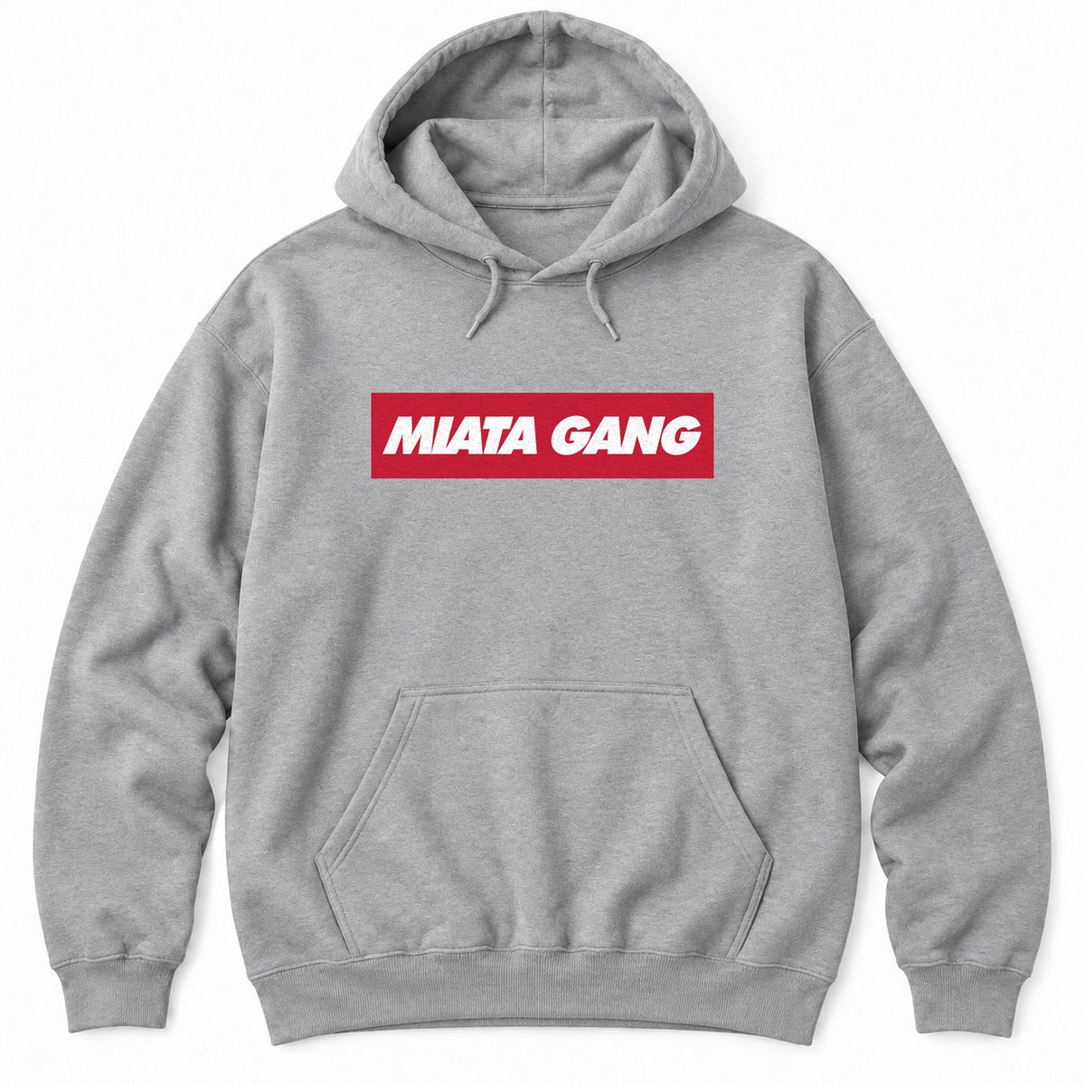 Sport Grey hoodie with a red box logo and bold white italic lettering for a JDM roadster gang