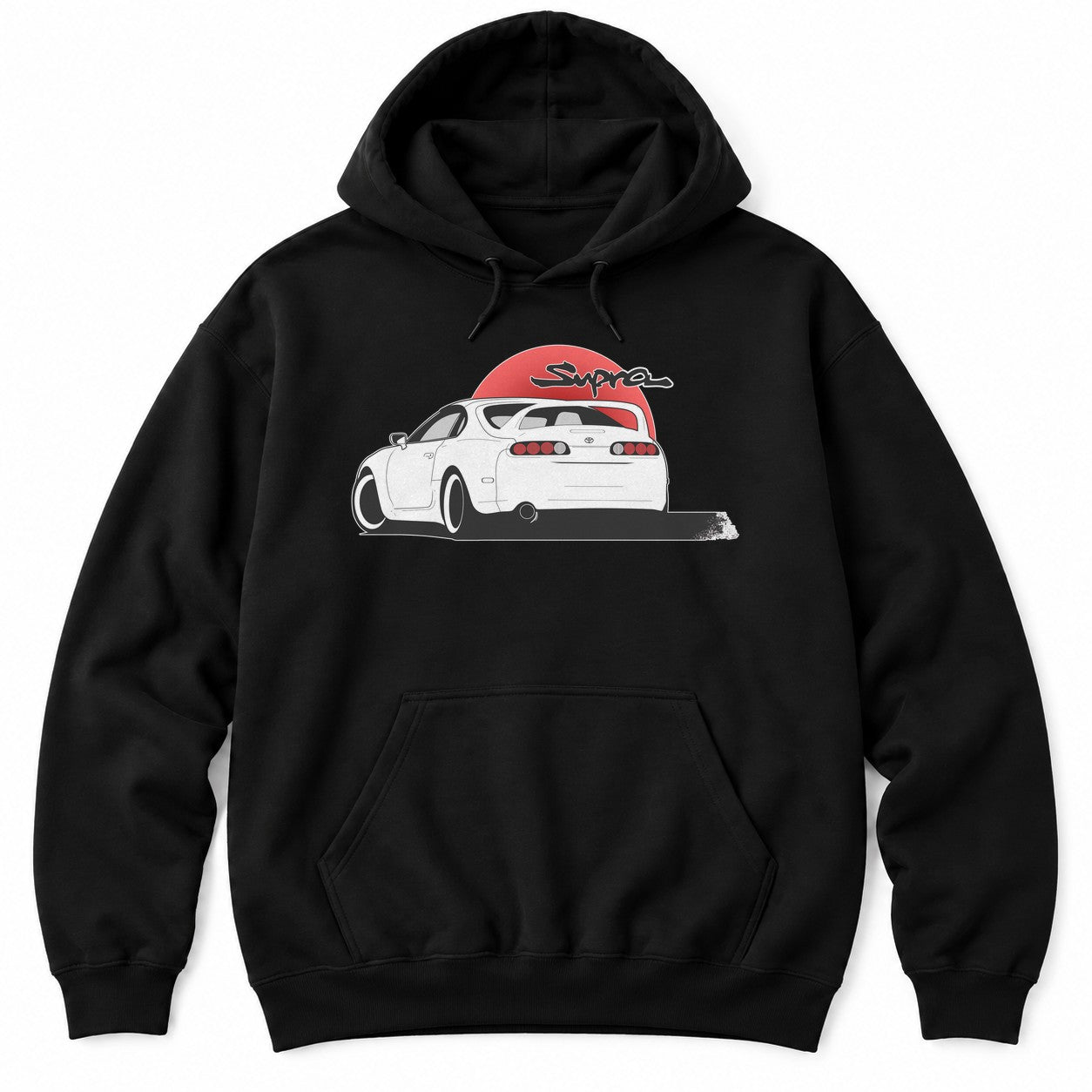 Athletic Heather hoodie with a white JDM sports car seen from the rear in front of a red rising sun with black brush script
