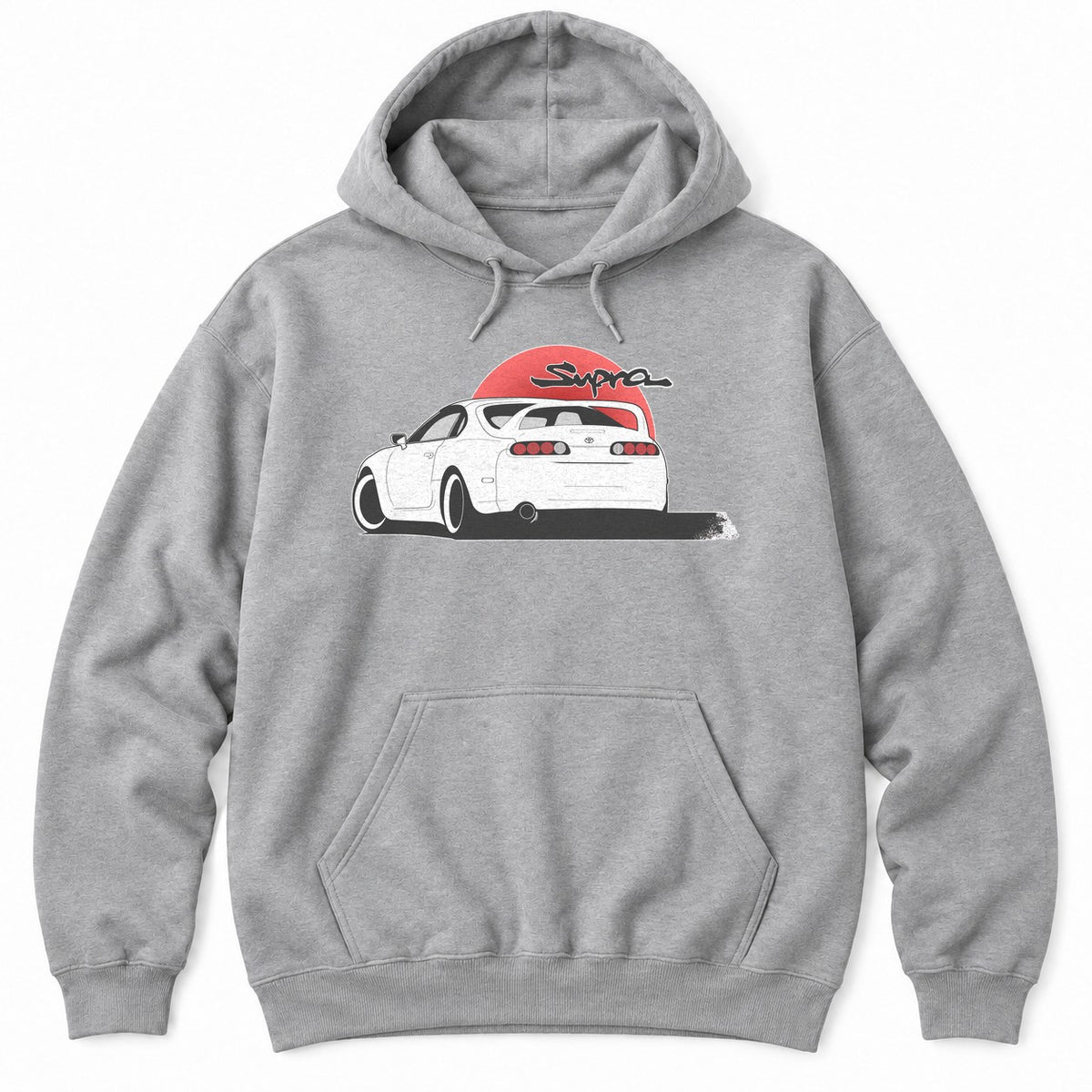 Athletic Heather hoodie with a white JDM sports car seen from the rear in front of a red rising sun with black brush script