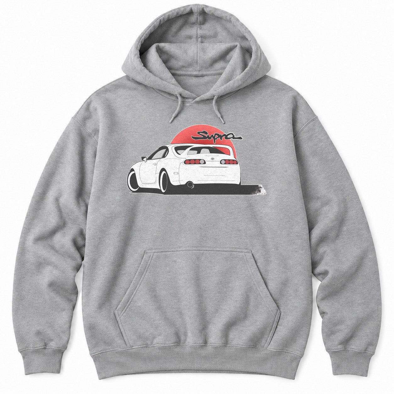 Athletic Heather hoodie with a white JDM sports car seen from the rear in front of a red rising sun with black brush script