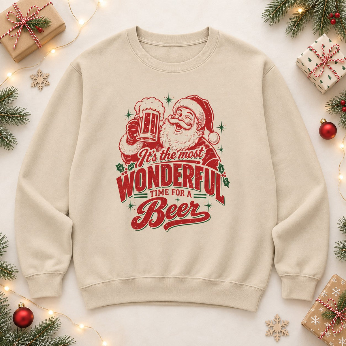 Most Wonderful Time for a Beer Sweatshirt | Ugly Christmas Crewneck with vintage Santa and beer mug design on sand.