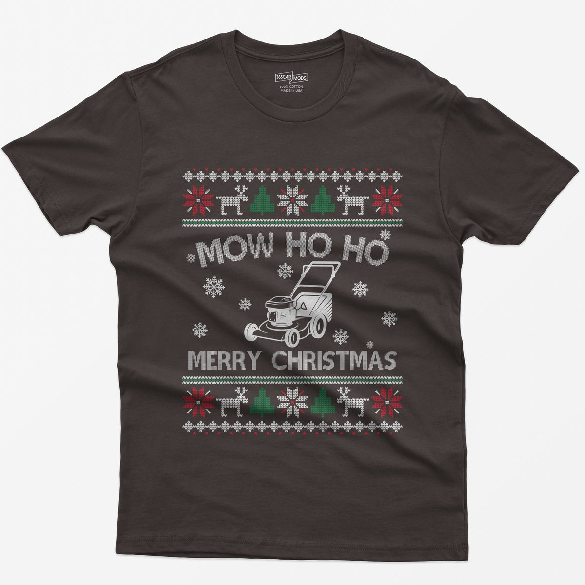 Mow Ho Ho Merry Christmas Lawn Mower T-Shirt - Dark Chocolate