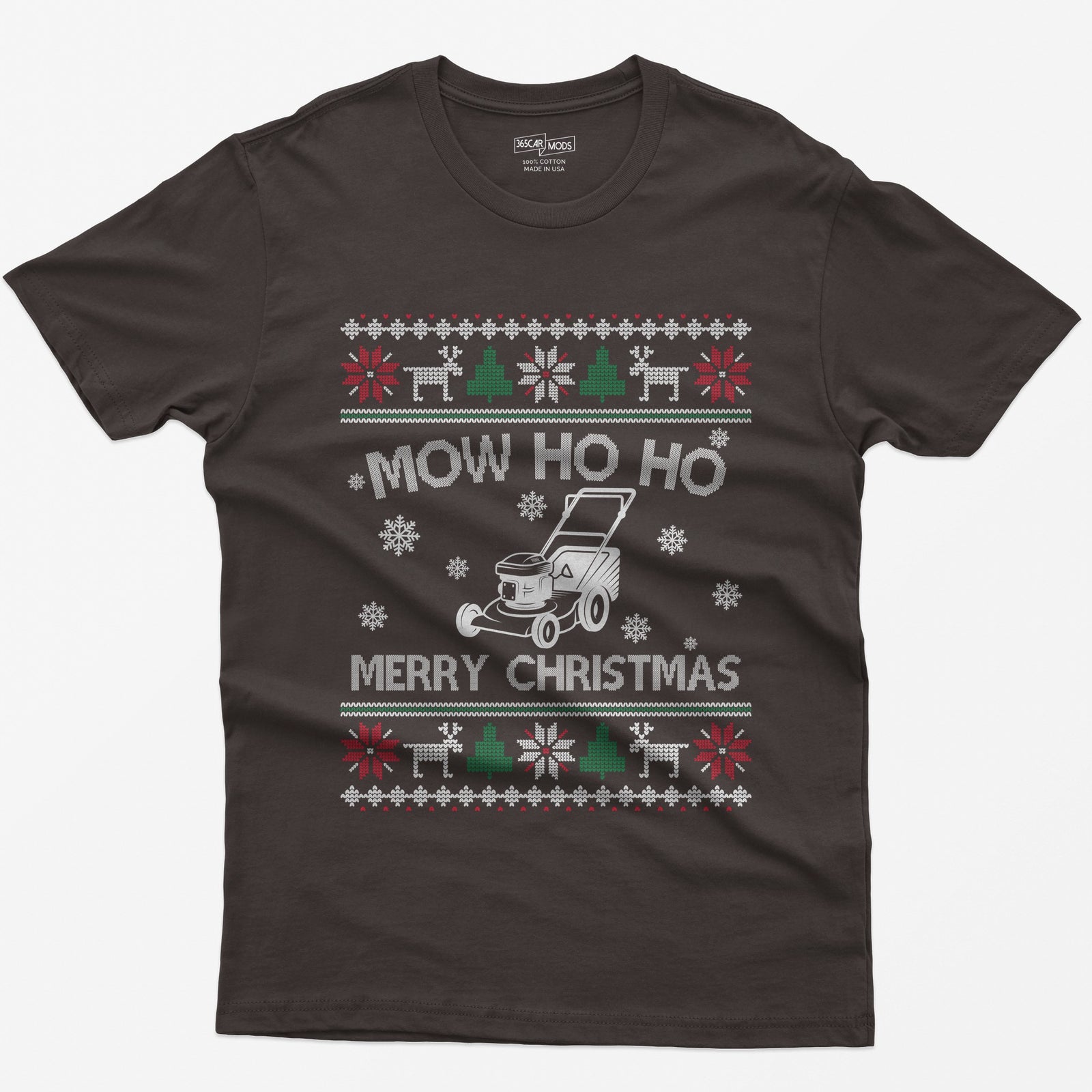 Mow Ho Ho Merry Christmas Lawn Mower T-Shirt - Dark Chocolate