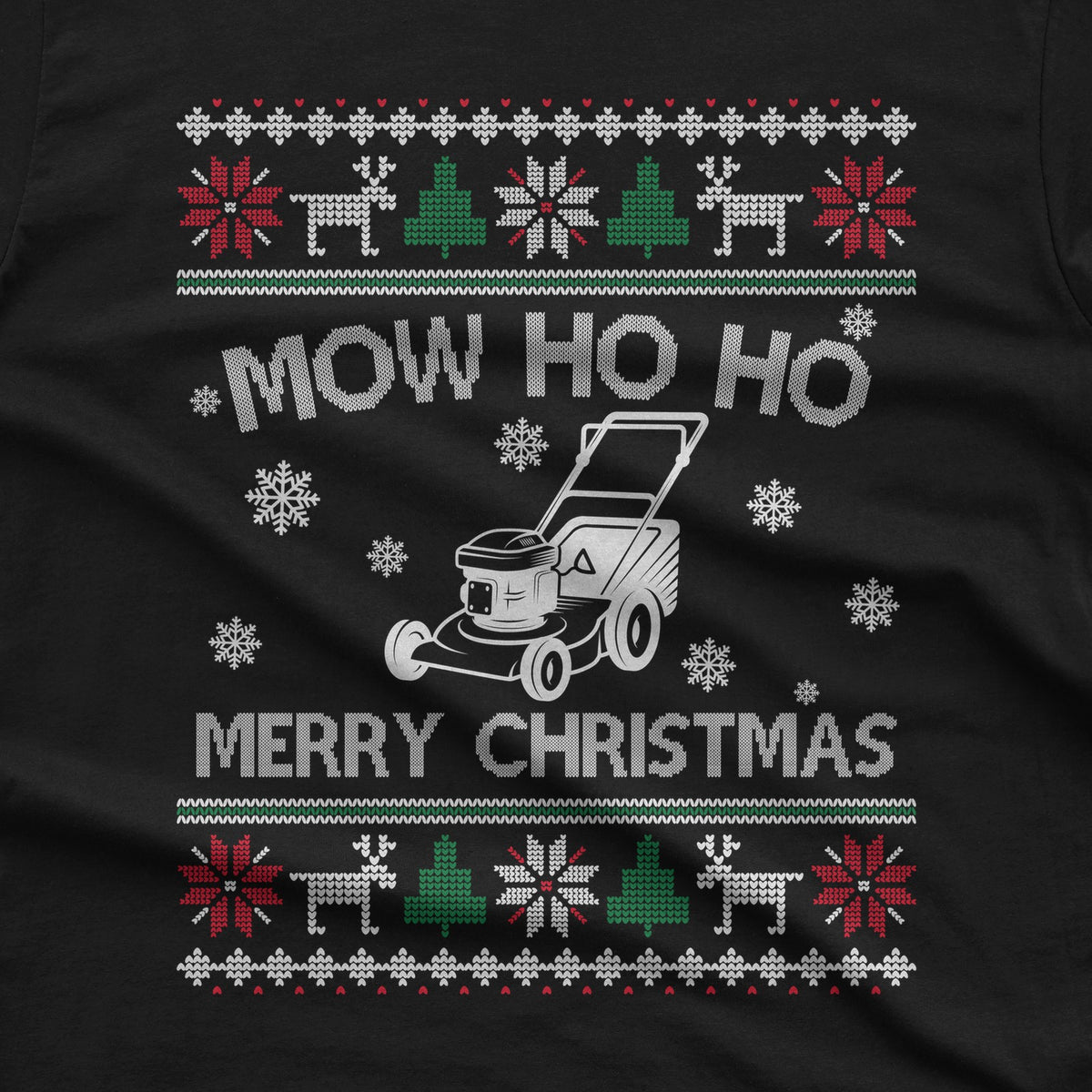 Mow Ho Ho Merry Christmas Lawn Mower T-Shirt design close-up