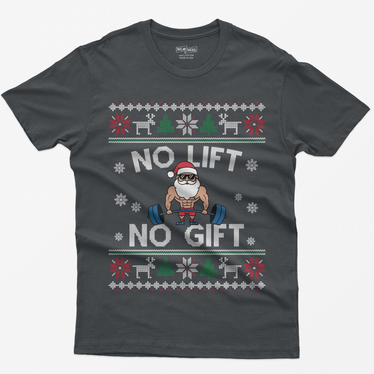 Charcoal t-shirt with No Lift No Gift knit-style print and a muscular Santa deadlifting a barbell inside ugly sweater borders