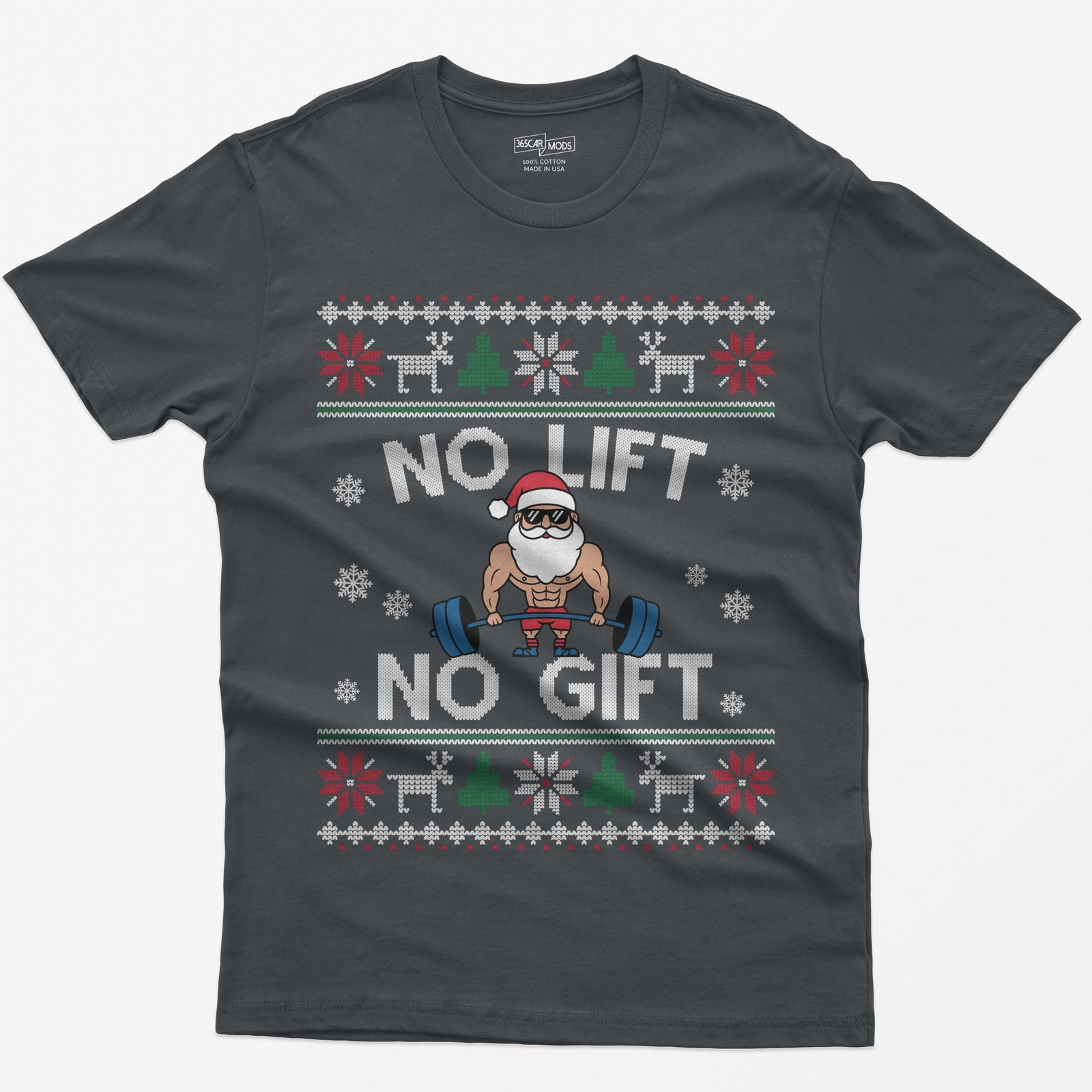 Charcoal t-shirt with No Lift No Gift knit-style print and a muscular Santa deadlifting a barbell inside ugly sweater borders