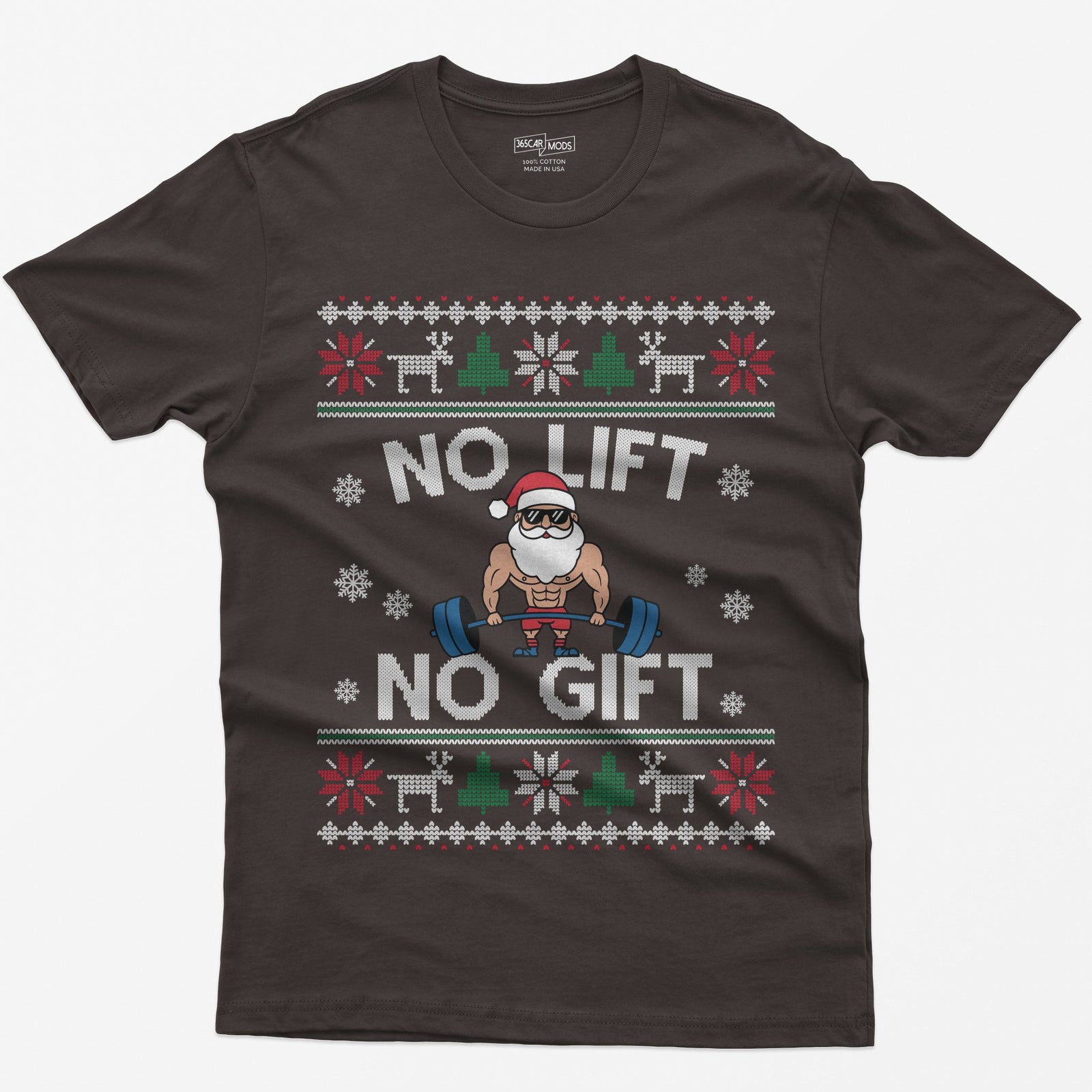 Dark Chocolate t-shirt with No Lift No Gift knit-style print and a muscular Santa deadlifting a barbell inside ugly sweater borders