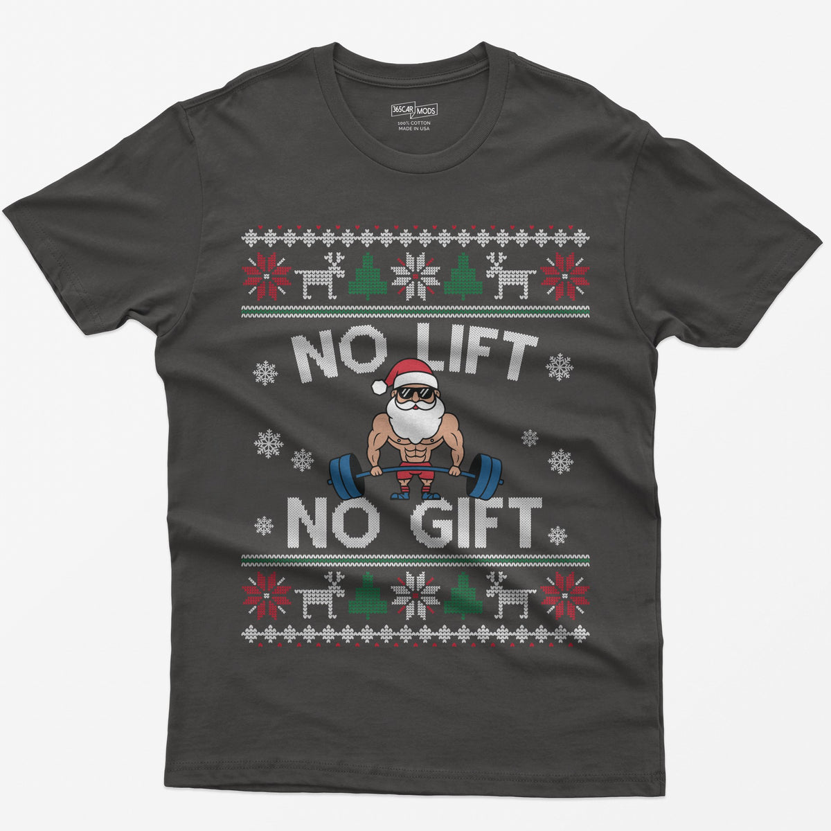 Dark Heather t-shirt with No Lift No Gift knit-style print and a muscular Santa deadlifting a barbell inside ugly sweater borders