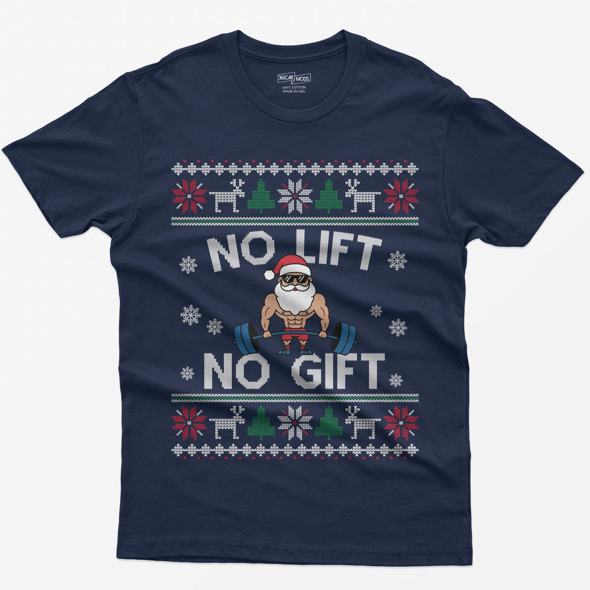 Navy t-shirt with No Lift No Gift knit-style print and a muscular Santa deadlifting a barbell inside ugly sweater borders