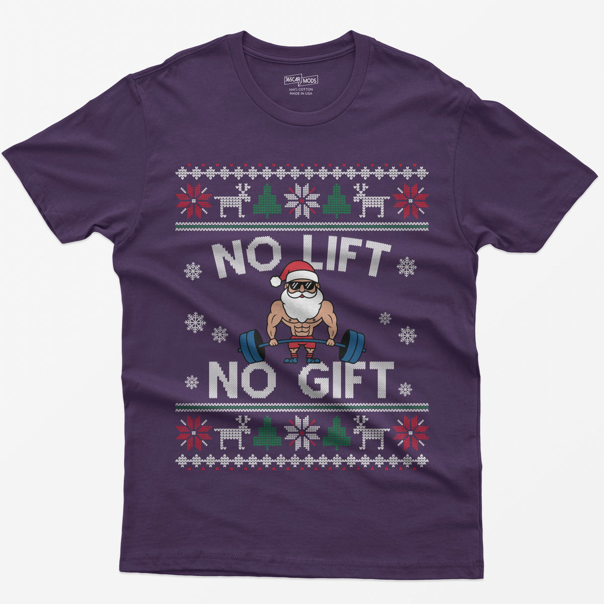 Purple t-shirt with No Lift No Gift knit-style print and a muscular Santa deadlifting a barbell inside ugly sweater borders