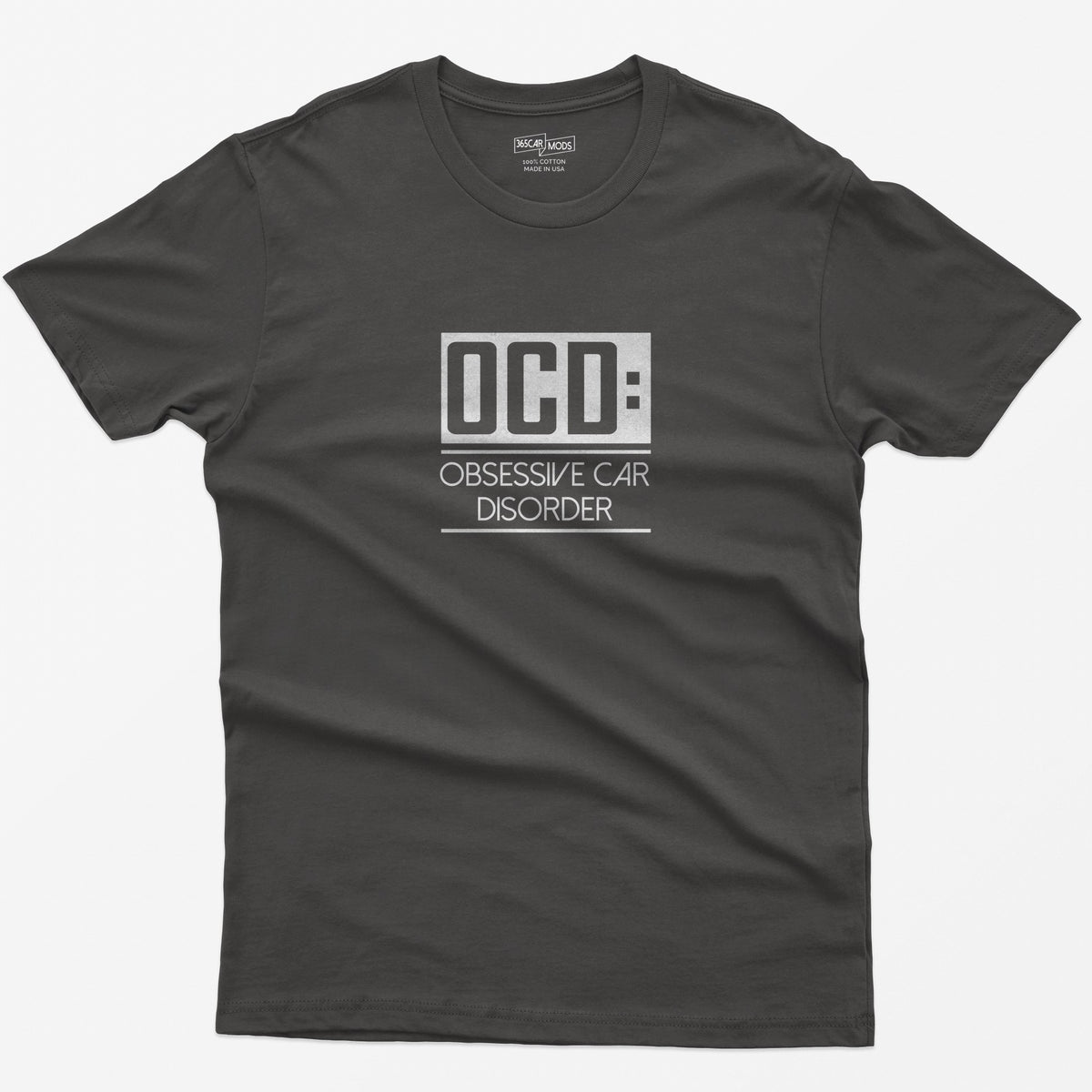 Dark Heather t-shirt with small boxed OCD: Obsessive Car Disorder print on the chest