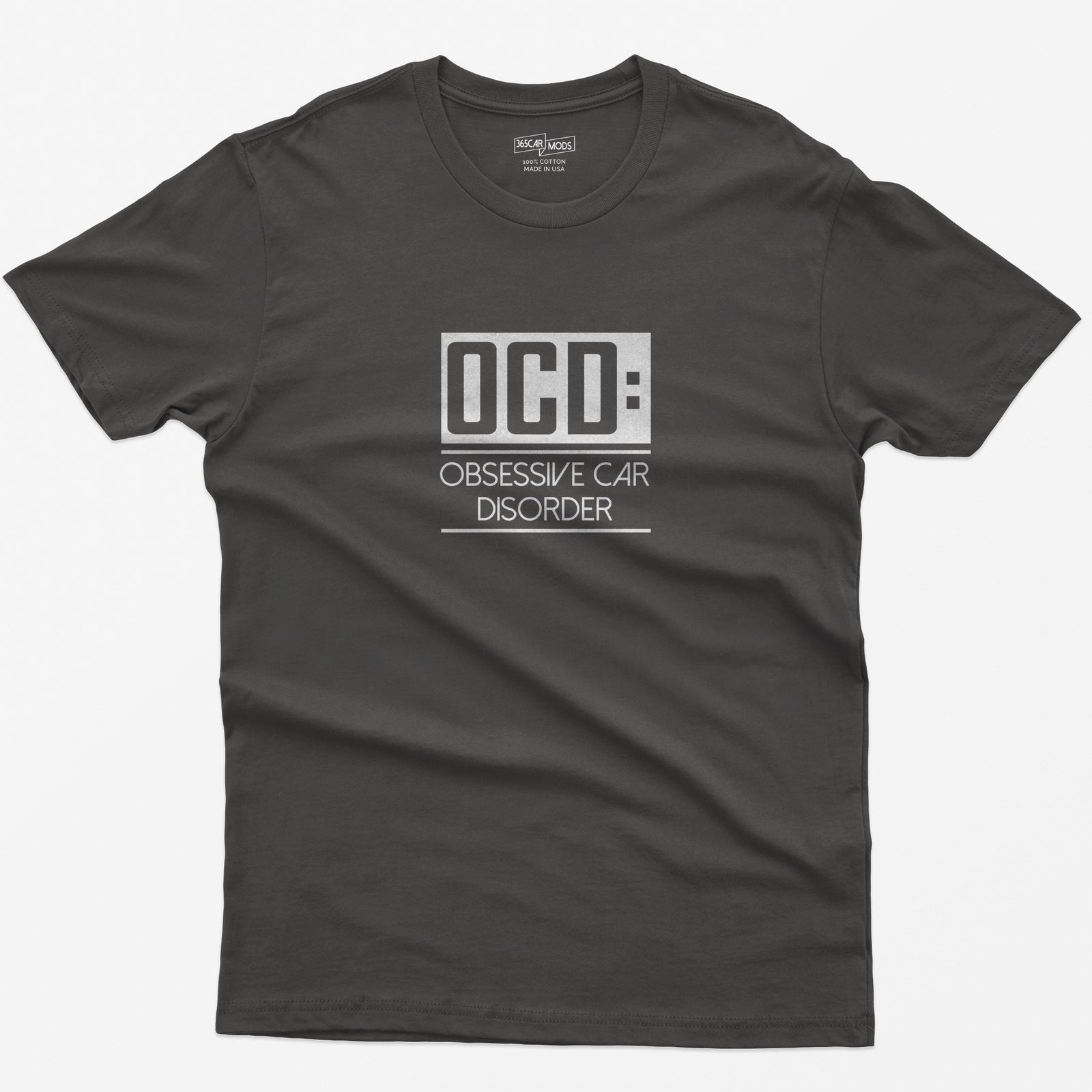 Dark Heather t-shirt with small boxed OCD: Obsessive Car Disorder print on the chest