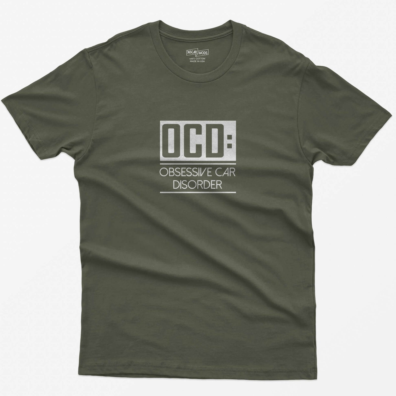 Military Green t-shirt with small boxed OCD: Obsessive Car Disorder print on the chest