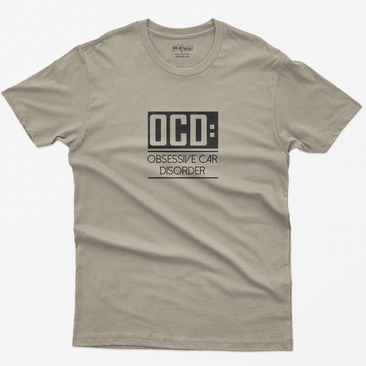 Sand t-shirt with small boxed OCD: Obsessive Car Disorder print on the chest
