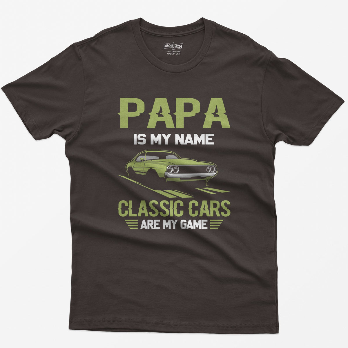 Dark Chocolate t-shirt with Papa Is My Name Classic Cars Are My Game text and a lime green classic American muscle coupe