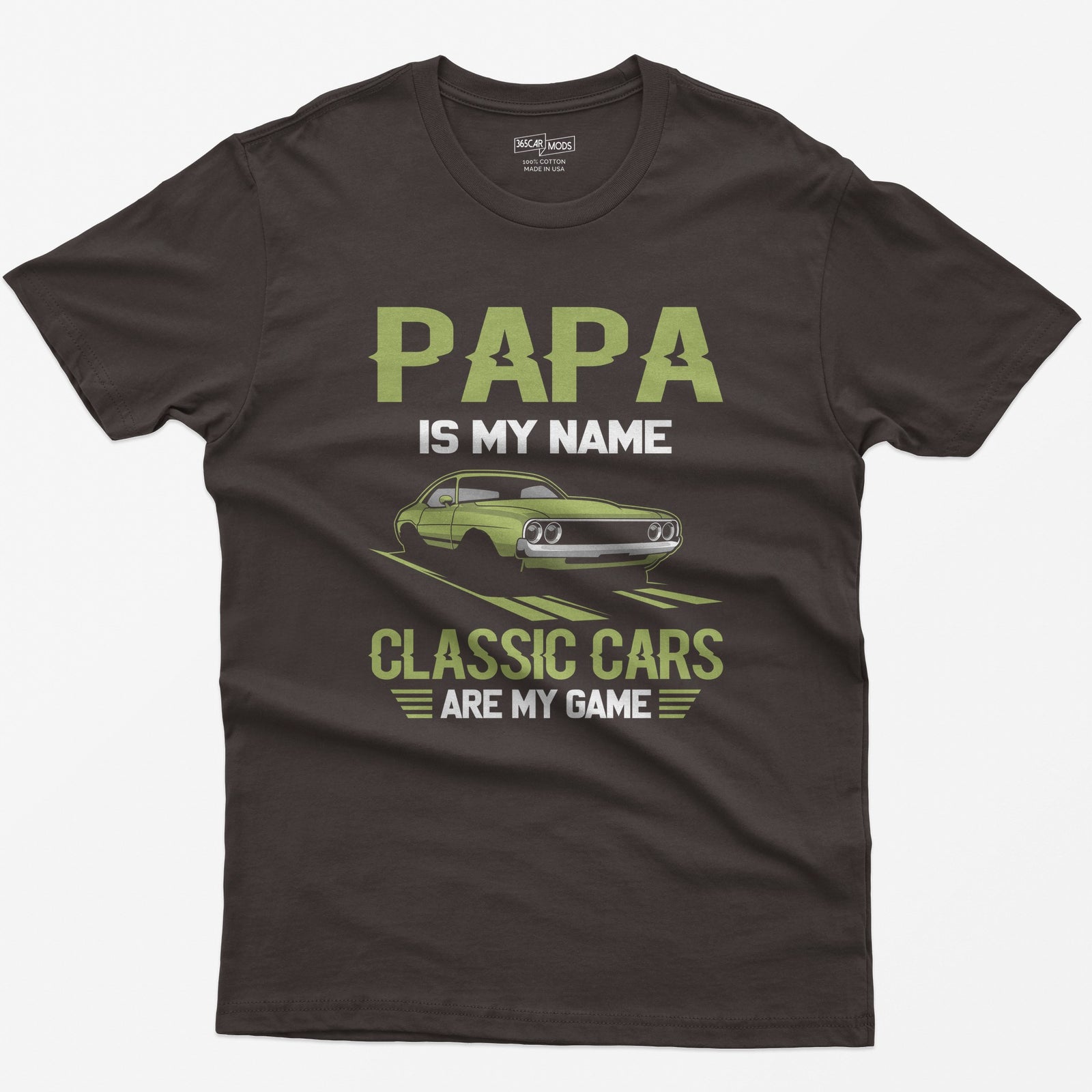 Dark Chocolate t-shirt with Papa Is My Name Classic Cars Are My Game text and a lime green classic American muscle coupe
