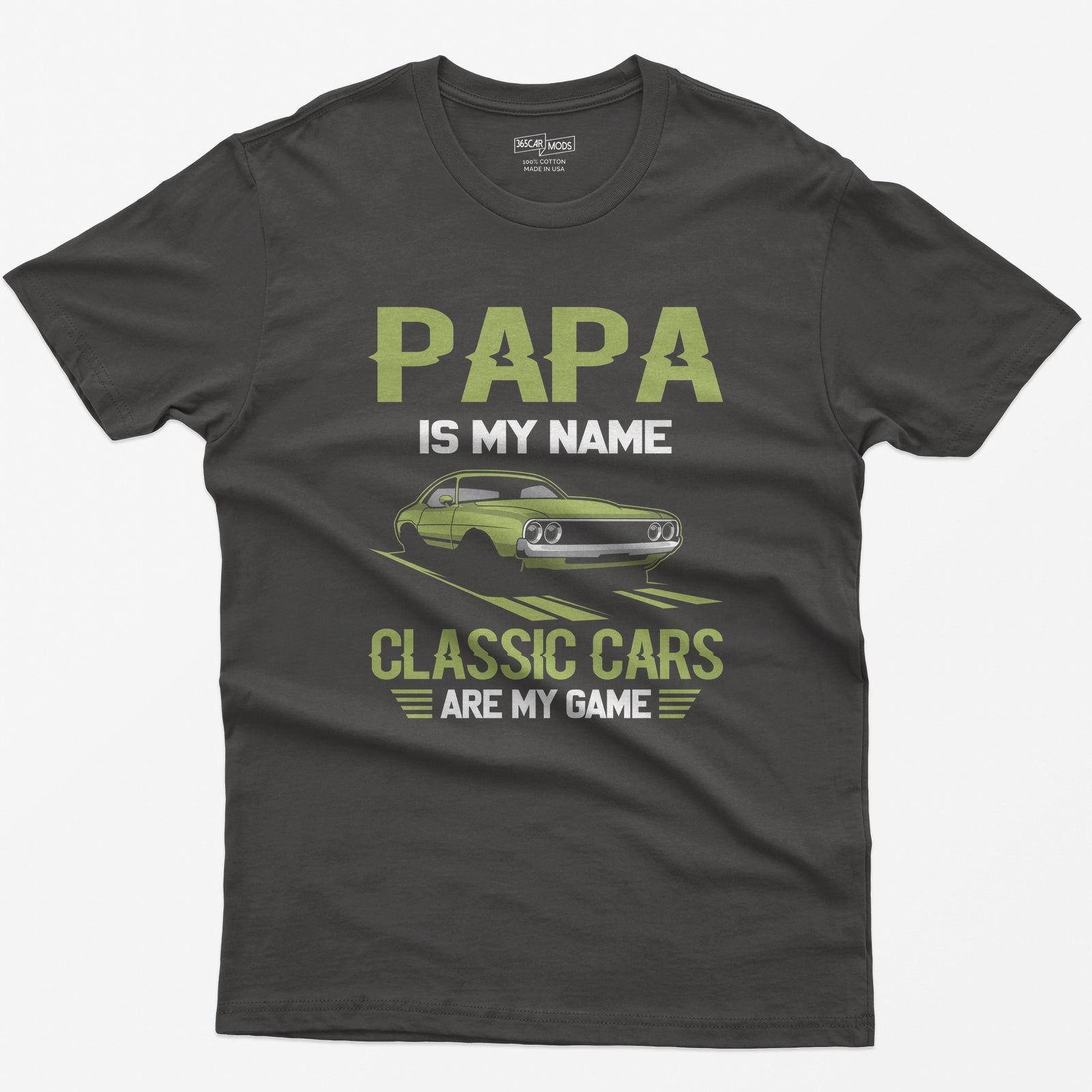 Dark Heather t-shirt with Papa Is My Name Classic Cars Are My Game text and a lime green classic American muscle coupe
