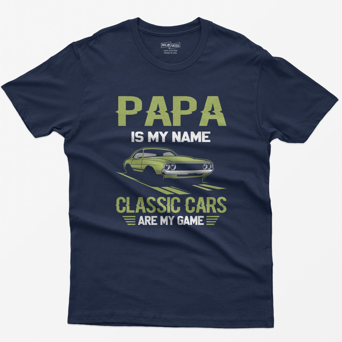 Navy t-shirt with Papa Is My Name Classic Cars Are My Game text and a lime green classic American muscle coupe