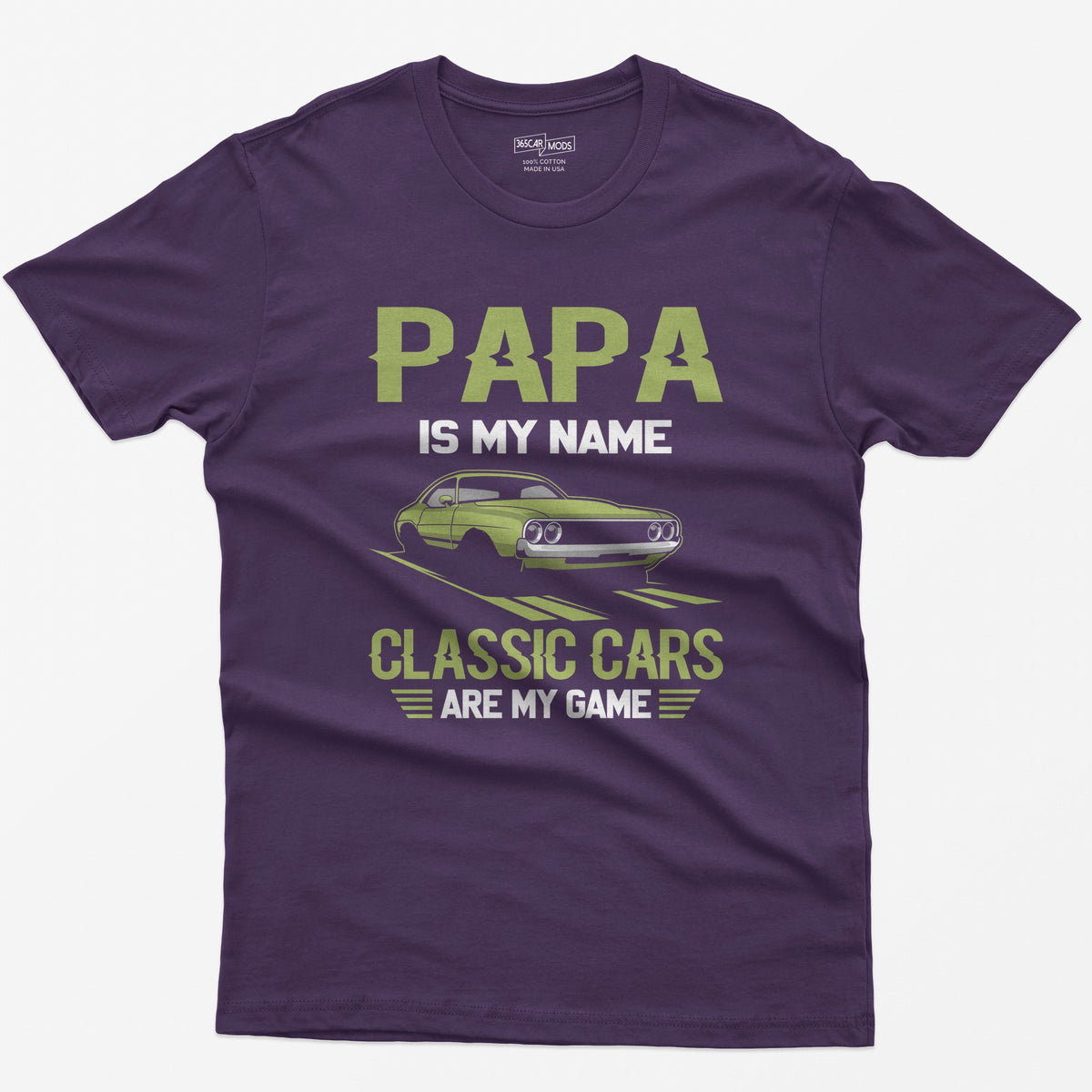 Purple t-shirt with Papa Is My Name Classic Cars Are My Game text and a lime green classic American muscle coupe