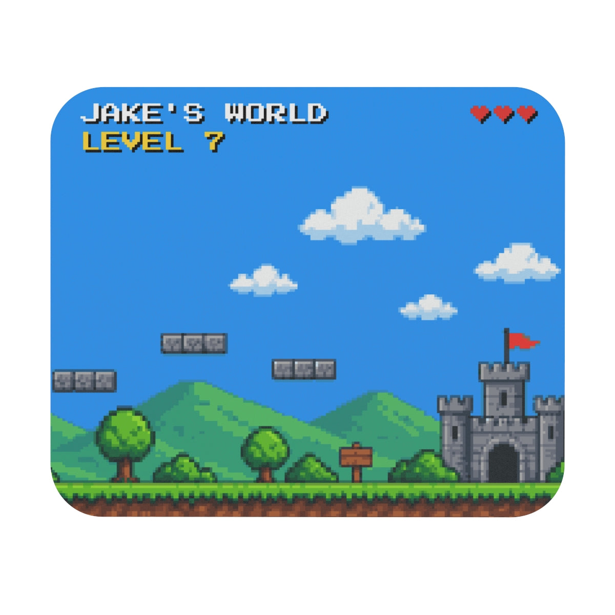 Personalized pixel art mouse pad with name and level, front view