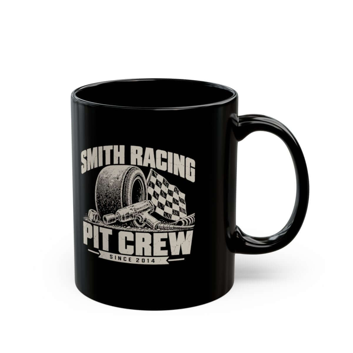 Pit Crew Personalized Racing Mug - 11oz black coffee mug, handle on the right