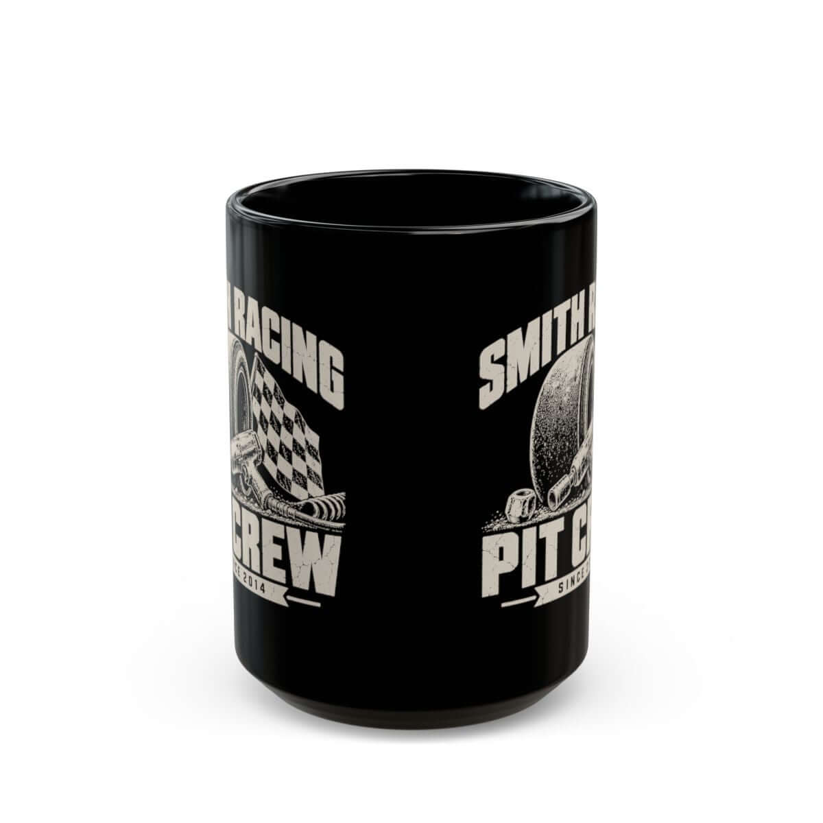 Pit Crew Personalized Racing Mug - 15oz black coffee mug, front view with print on both sides