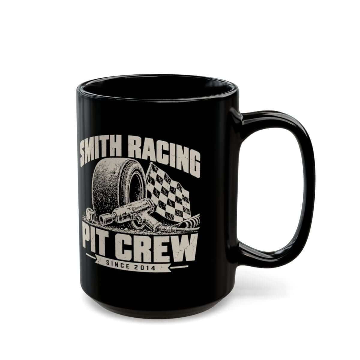 Pit Crew Personalized Racing Mug - 15oz black coffee mug, handle on the right