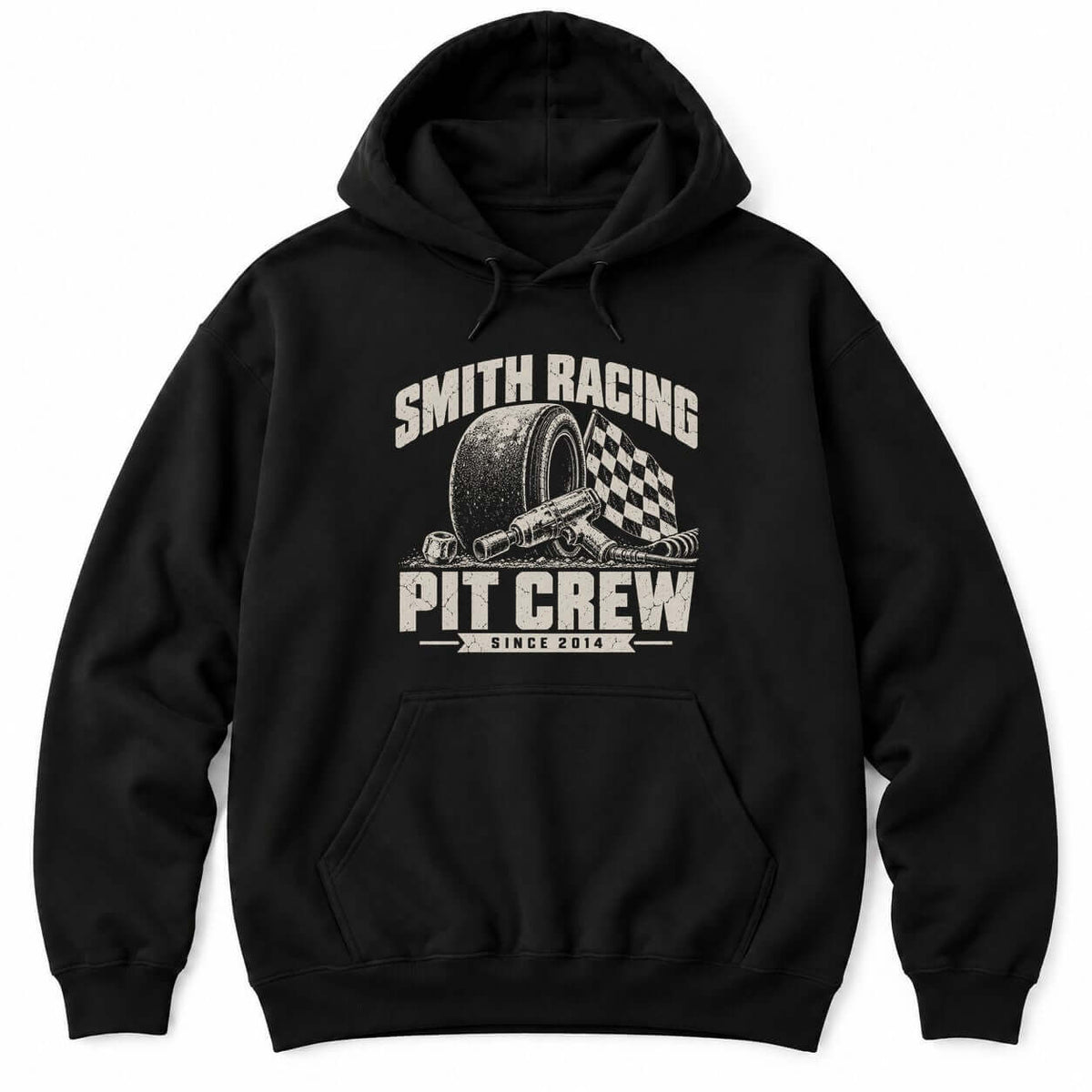 Black hoodie with a personalized Smith Racing Pit Crew Since 2014 print: racing slick, impact wrench and checkered flag