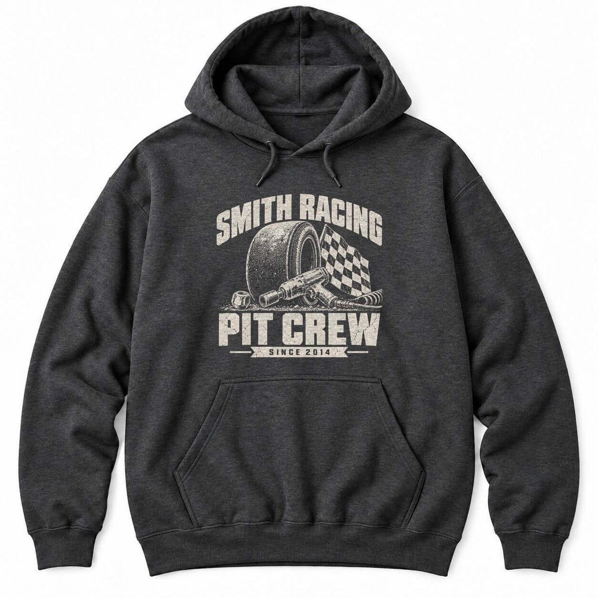 Dark Heather hoodie with a personalized Smith Racing Pit Crew Since 2014 print: racing slick, impact wrench and checkered flag