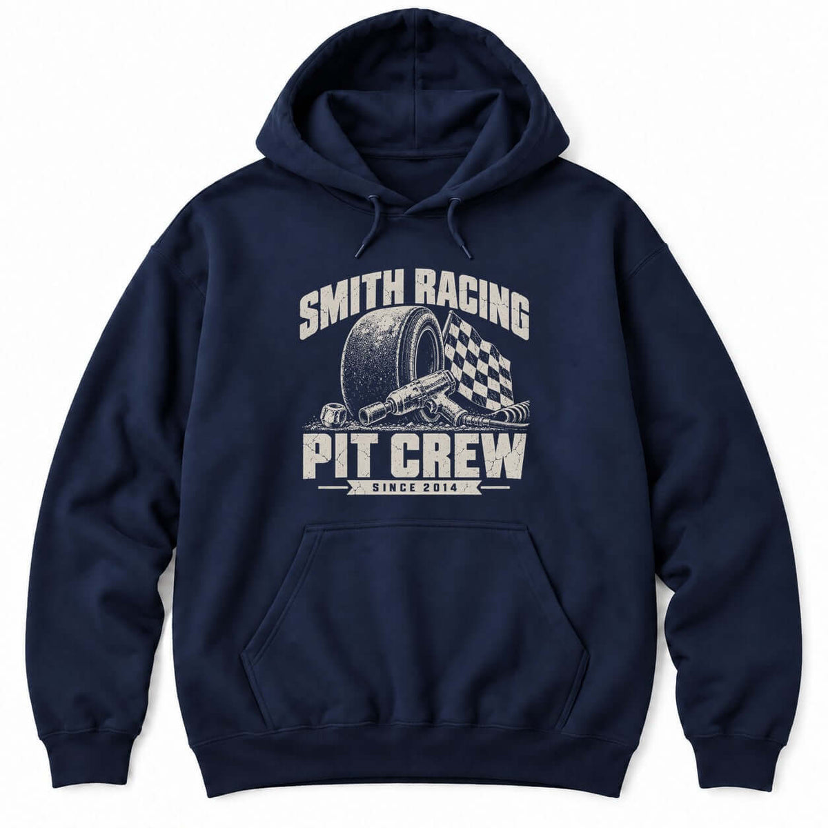 Navy hoodie with a personalized Smith Racing Pit Crew Since 2014 print: racing slick, impact wrench and checkered flag