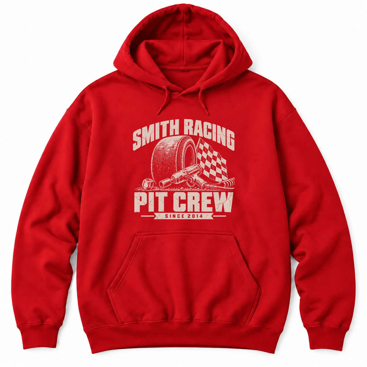 Red hoodie with a personalized Smith Racing Pit Crew Since 2014 print: racing slick, impact wrench and checkered flag