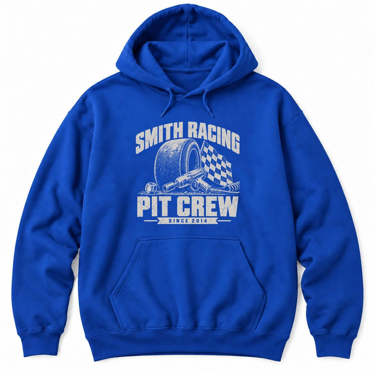 Royal blue hoodie with a personalized Smith Racing Pit Crew Since 2014 print: racing slick, impact wrench and checkered flag