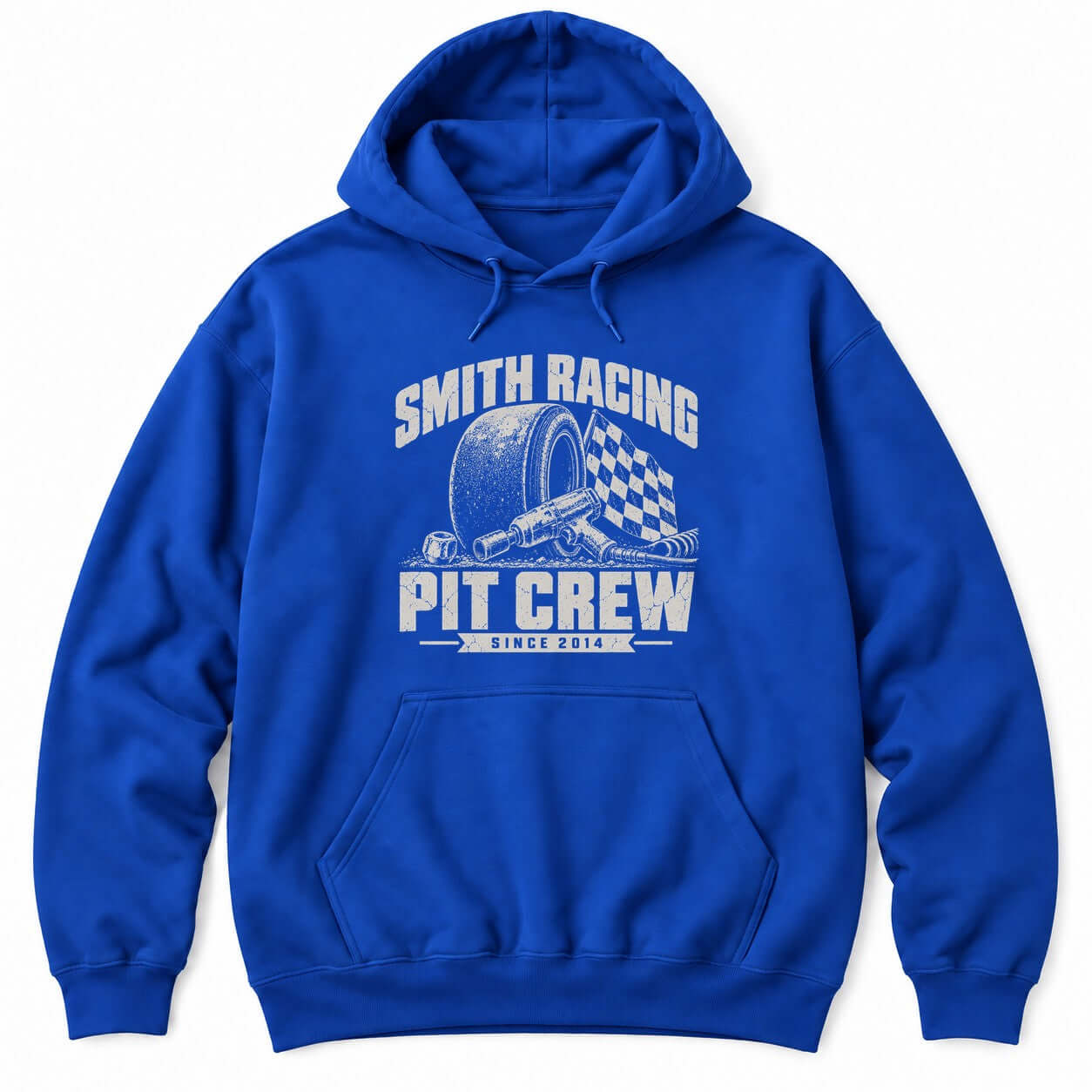 Royal blue hoodie with a personalized Smith Racing Pit Crew Since 2014 print: racing slick, impact wrench and checkered flag