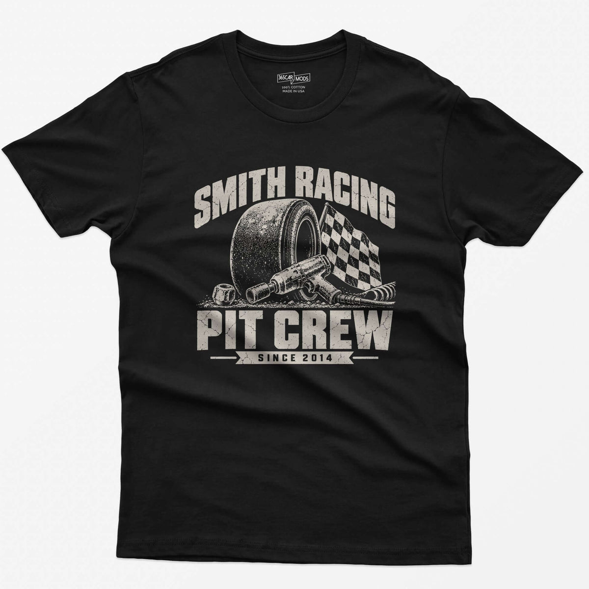 Black t-shirt with a personalized Smith Racing Pit Crew Since 2014 print: racing slick, impact wrench and checkered flag