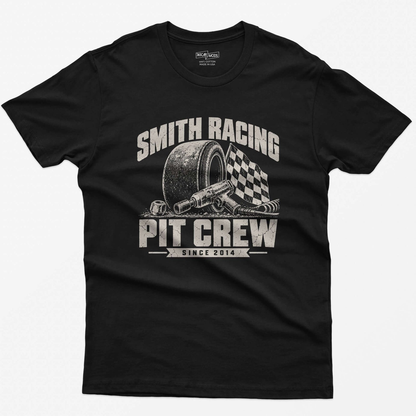 Black t-shirt with a personalized Smith Racing Pit Crew Since 2014 print: racing slick, impact wrench and checkered flag