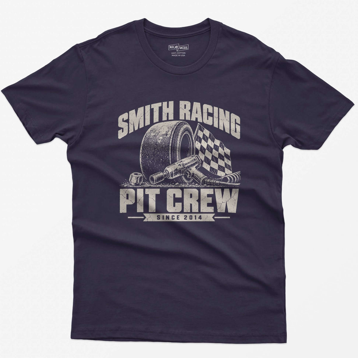 Blackberry t-shirt with a personalized Smith Racing Pit Crew Since 2014 print: racing slick, impact wrench and checkered flag