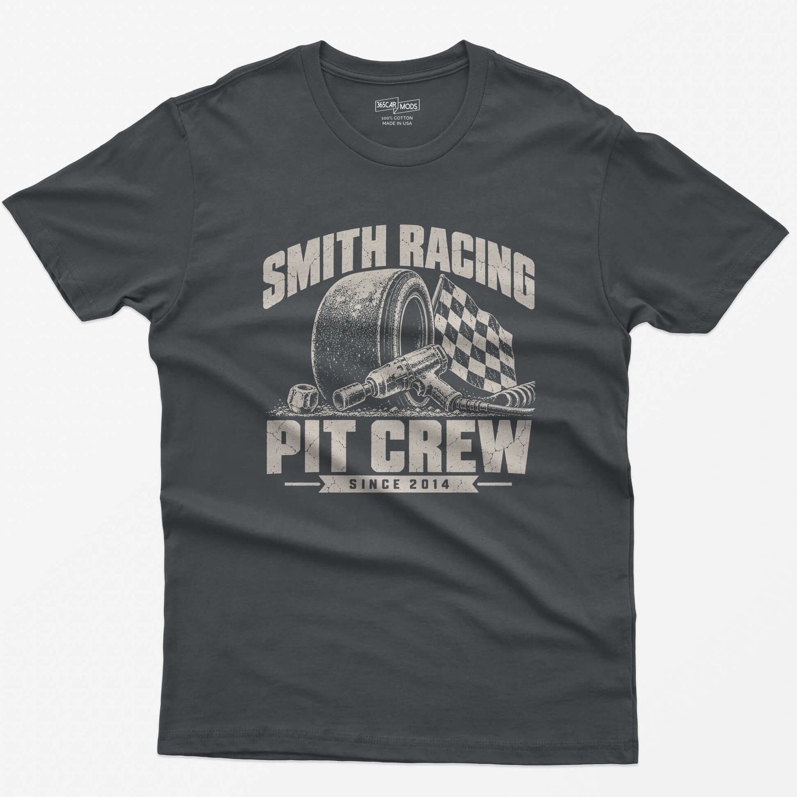Charcoal t-shirt with a personalized Smith Racing Pit Crew Since 2014 print: racing slick, impact wrench and checkered flag