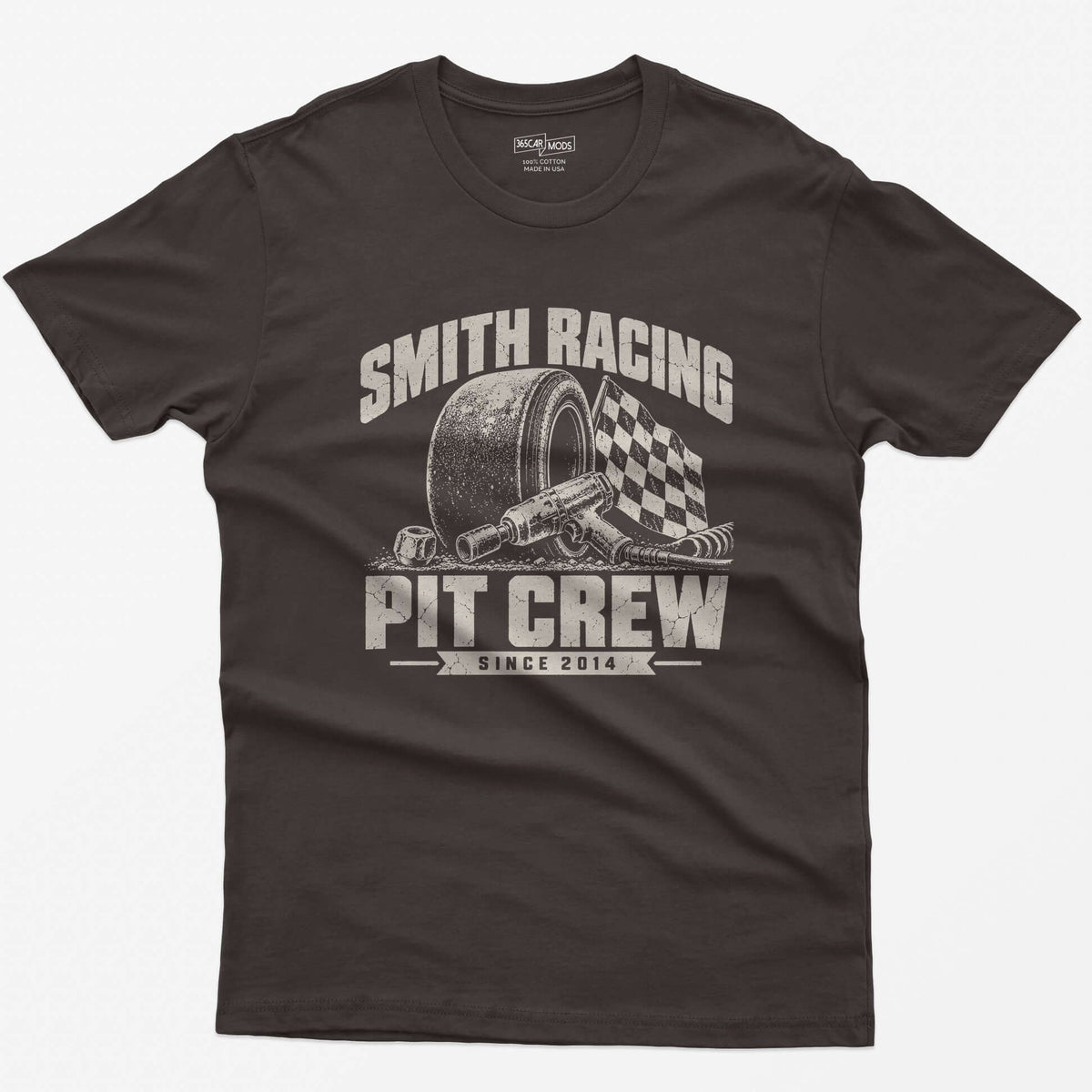 Dark Chocolate t-shirt with a personalized Smith Racing Pit Crew Since 2014 print: racing slick, impact wrench and checkered flag
