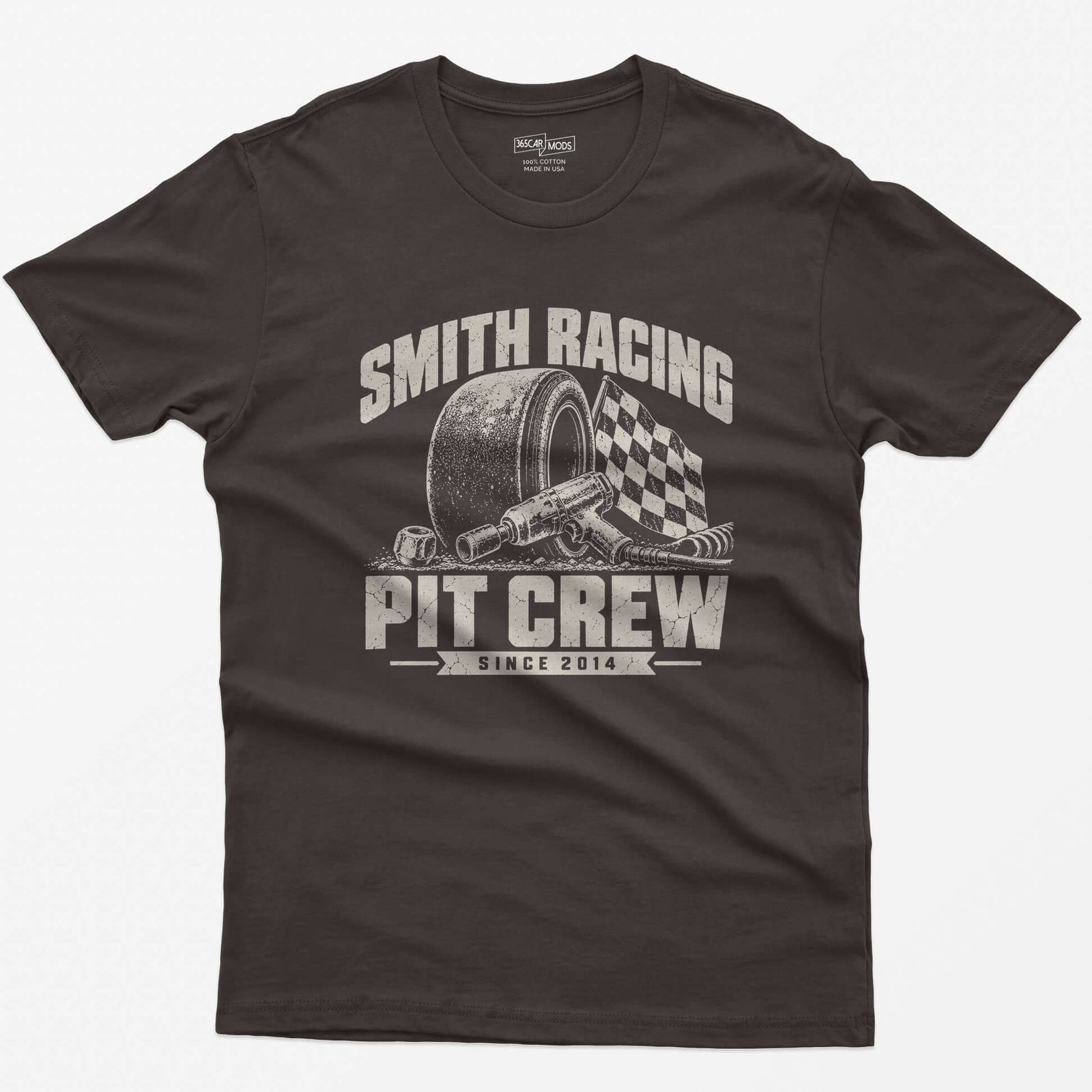 Dark Chocolate t-shirt with a personalized Smith Racing Pit Crew Since 2014 print: racing slick, impact wrench and checkered flag