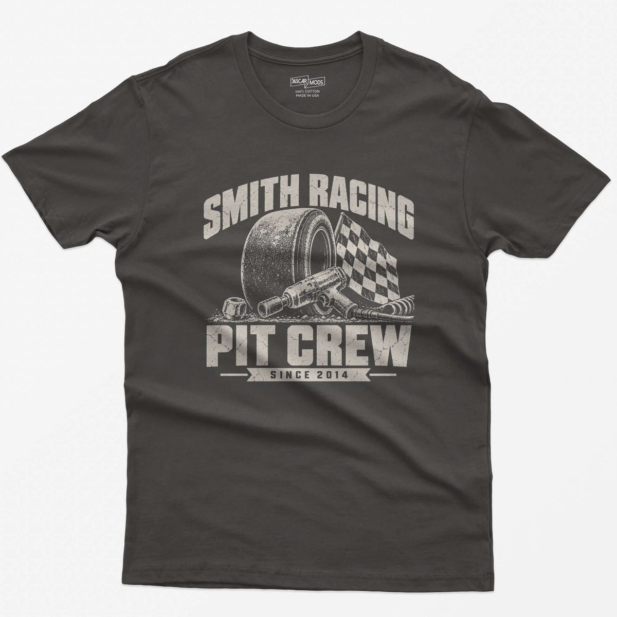 Dark Heather t-shirt with a personalized Smith Racing Pit Crew Since 2014 print: racing slick, impact wrench and checkered flag