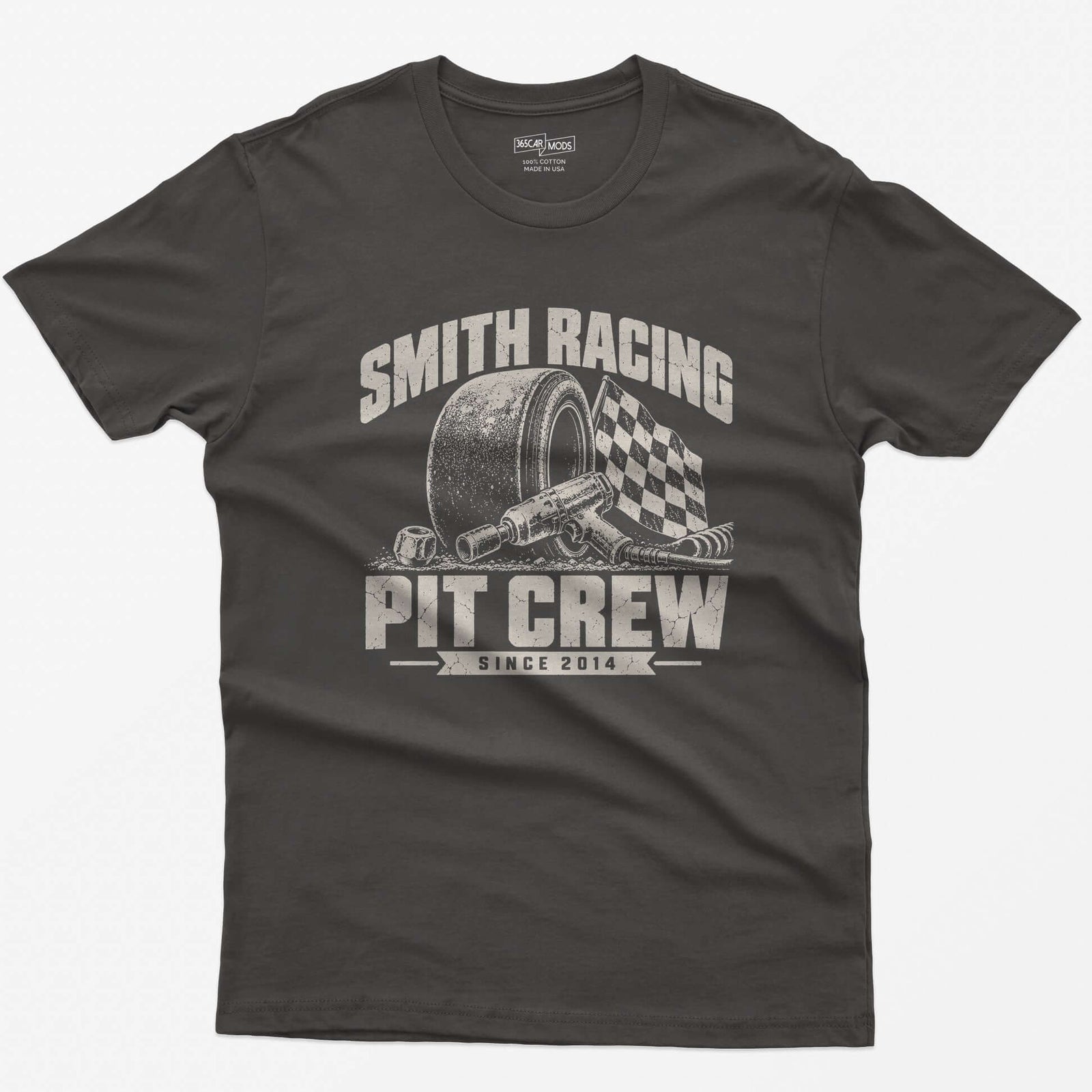 Dark Heather t-shirt with a personalized Smith Racing Pit Crew Since 2014 print: racing slick, impact wrench and checkered flag