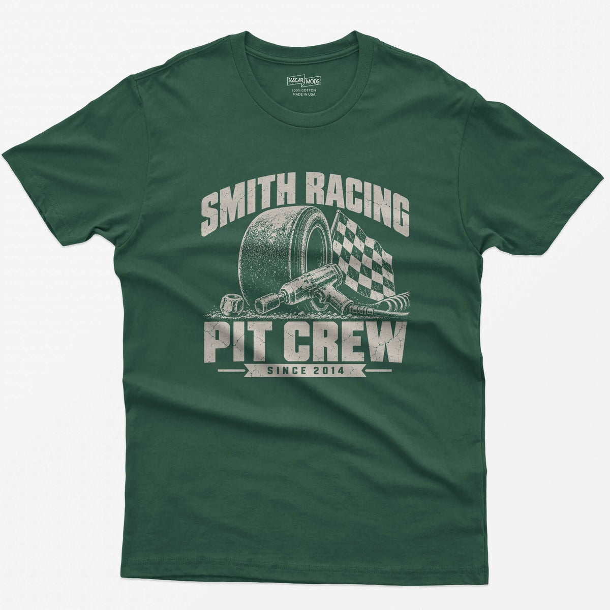 Forest Green t-shirt with a personalized Smith Racing Pit Crew Since 2014 print: racing slick, impact wrench and checkered flag