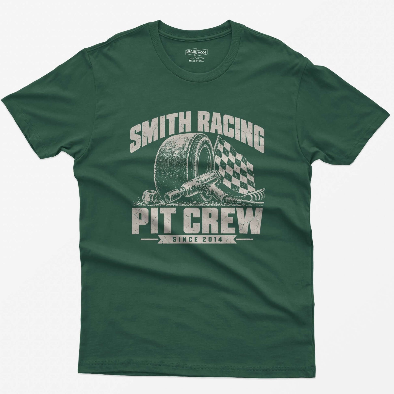 Forest Green t-shirt with a personalized Smith Racing Pit Crew Since 2014 print: racing slick, impact wrench and checkered flag