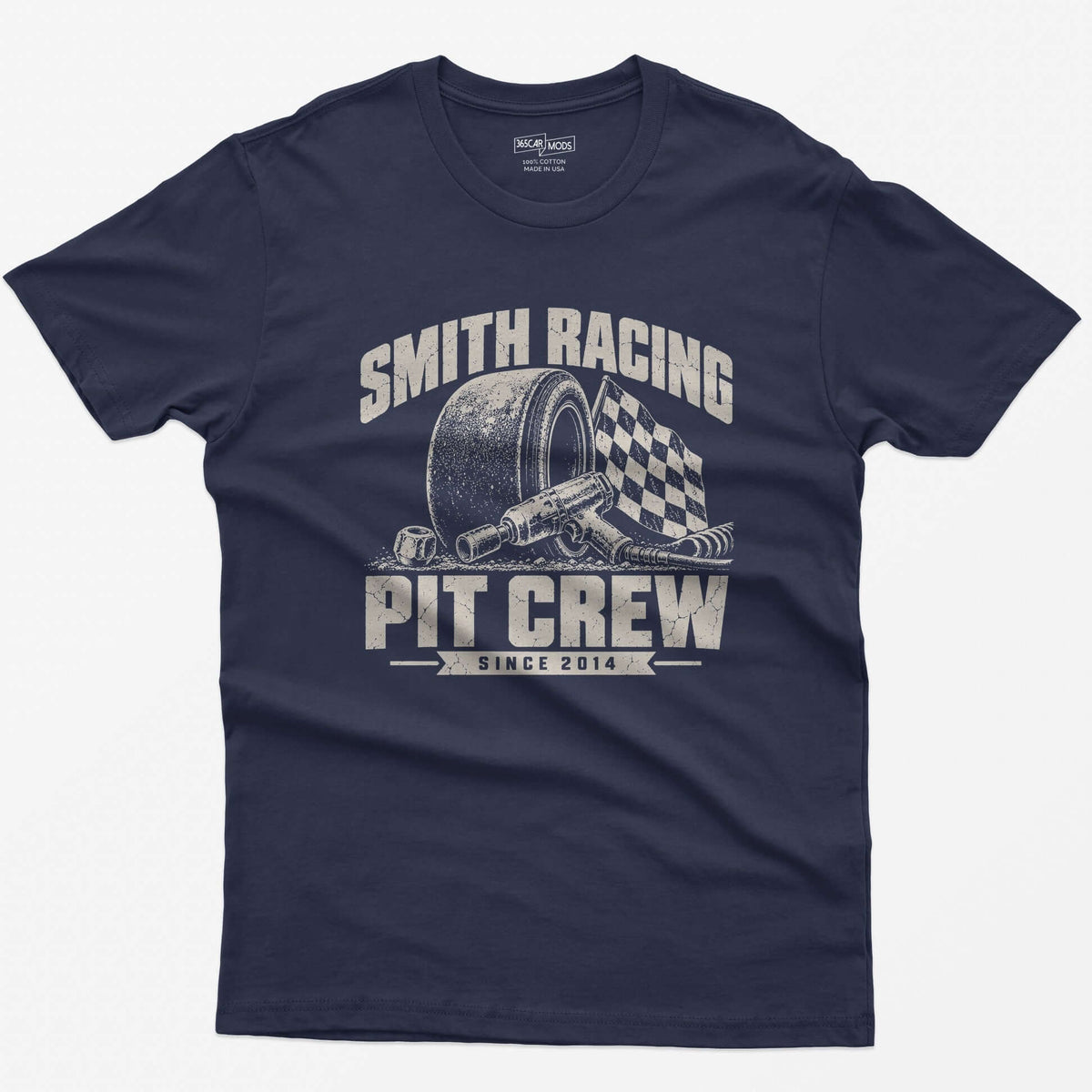 Heather Navy t-shirt with a personalized Smith Racing Pit Crew Since 2014 print: racing slick, impact wrench and checkered flag